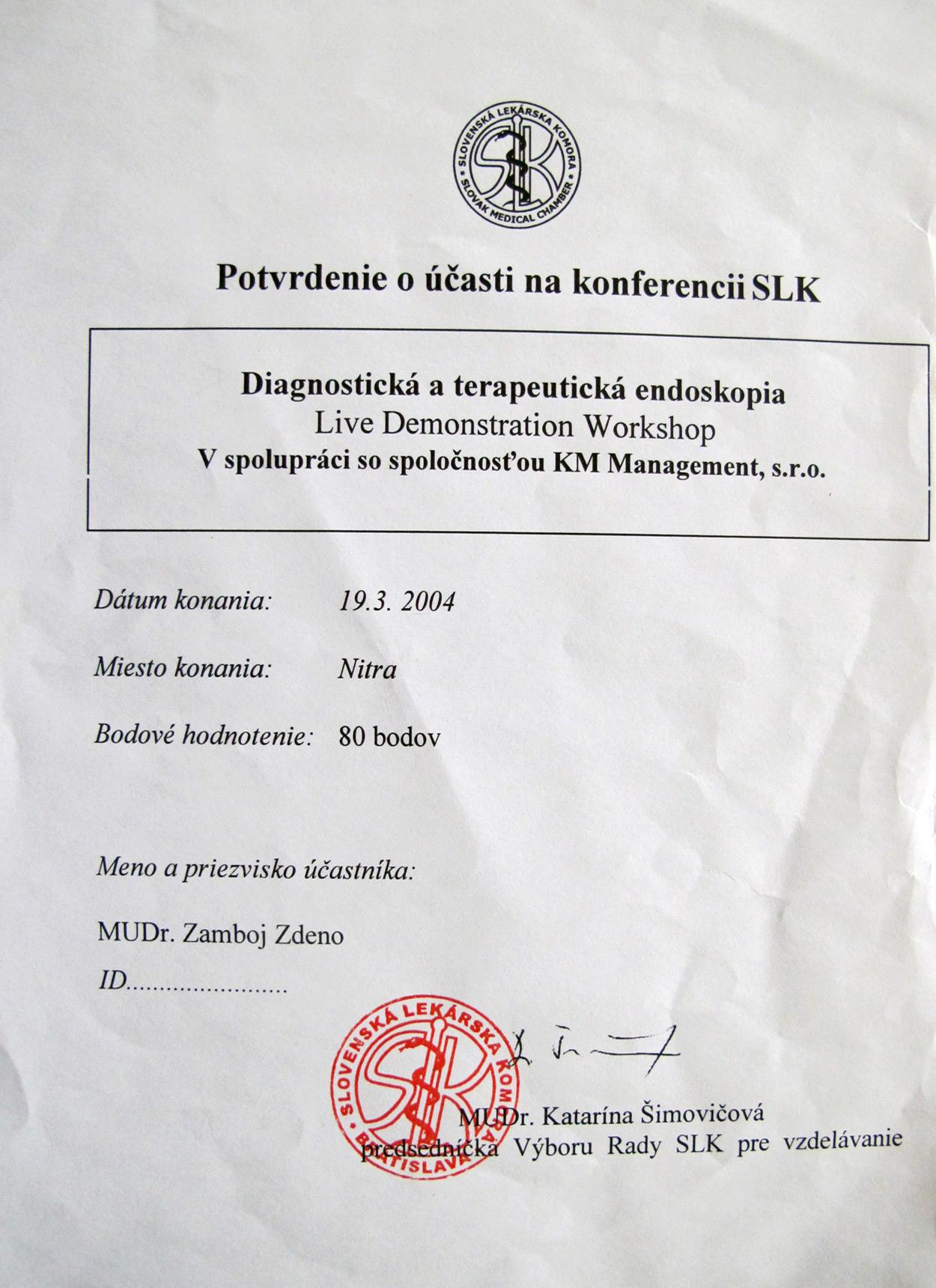 Certifikát  Endoskopia Nitra