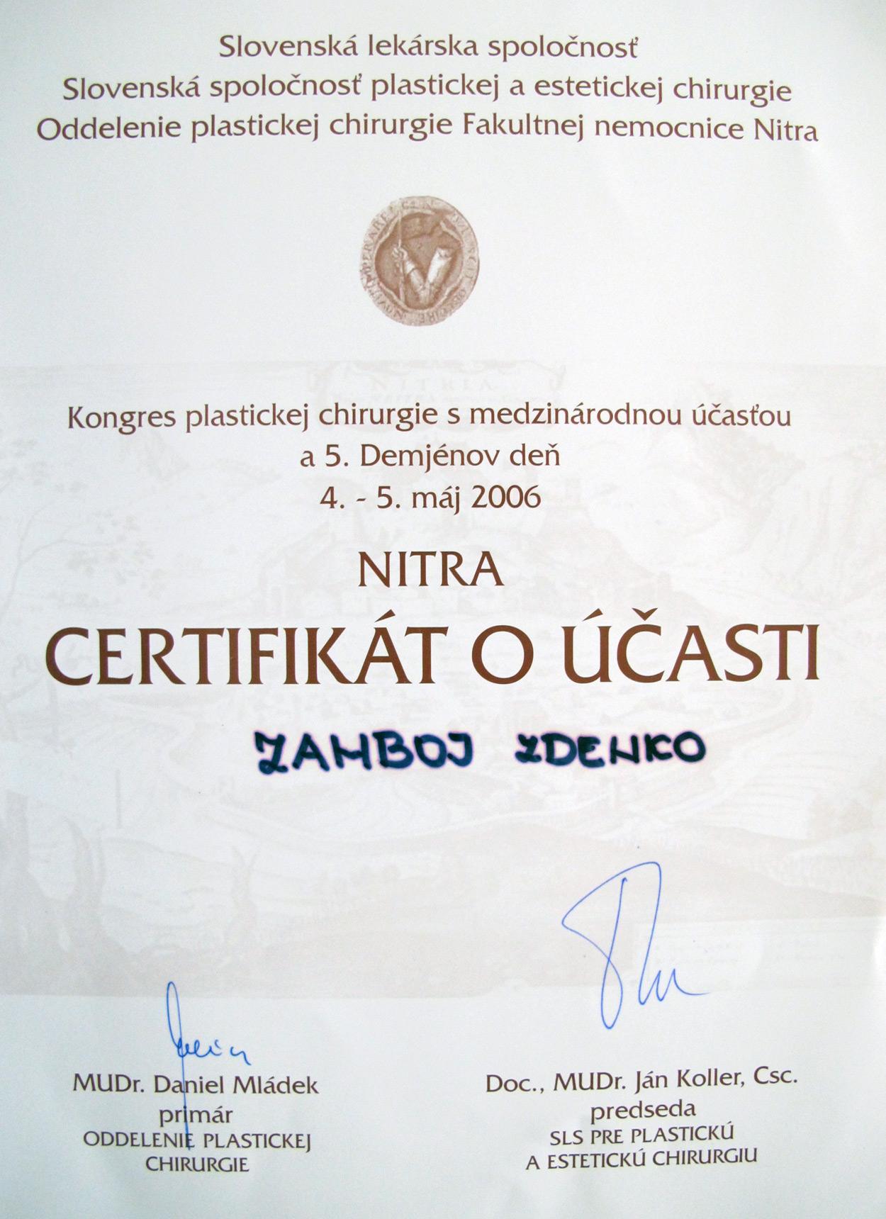 Certifikát Kongres Nitra