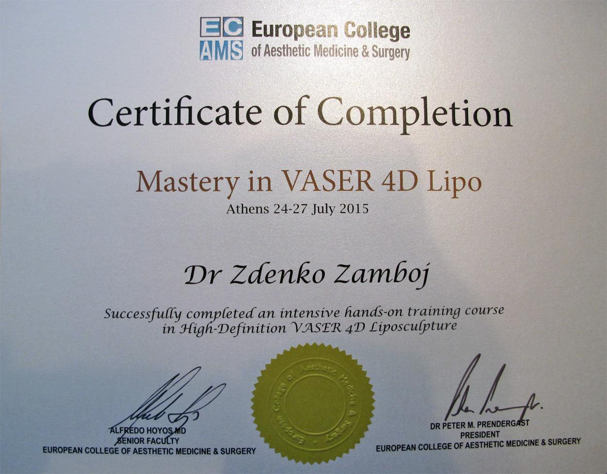 Certifikát Vaser 4D Liposculpture Athe